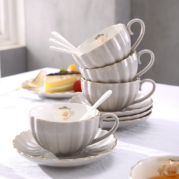 High quality porcelain flower shape gold rim decor custom color ceramic turkish coffee cups saucers tea cup sets