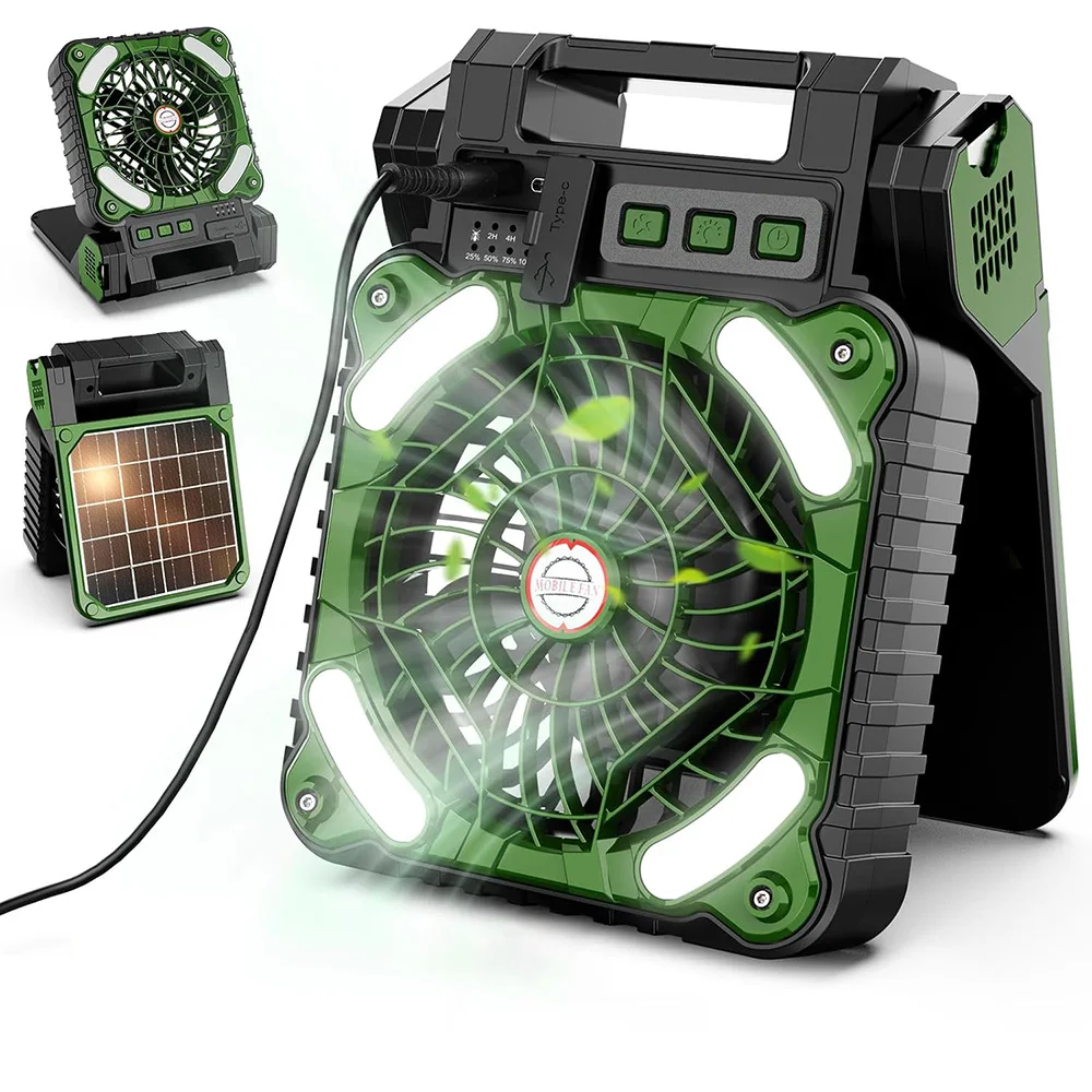 Portable Solar Fan Rechargeable Solar Powered Camping Fan 4 Speed 4 Timers and Quiet with LED Lantern for Picnic Fishing