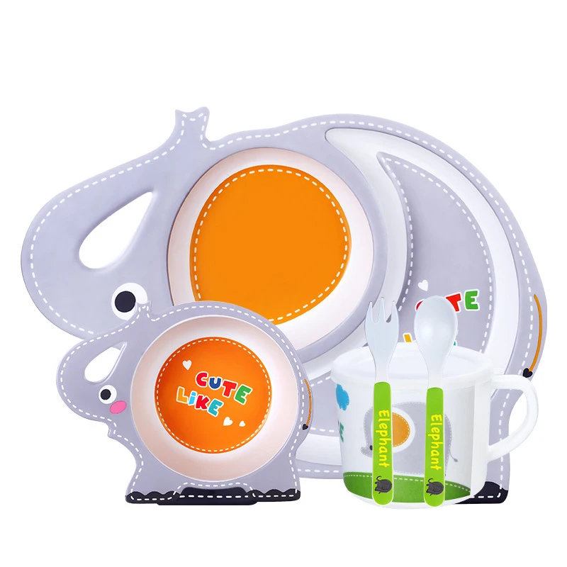 Bamboo fiber tableware Cute cartoon whale elephant giraffe baby kids children bowl divided plate spoon fork tableware set