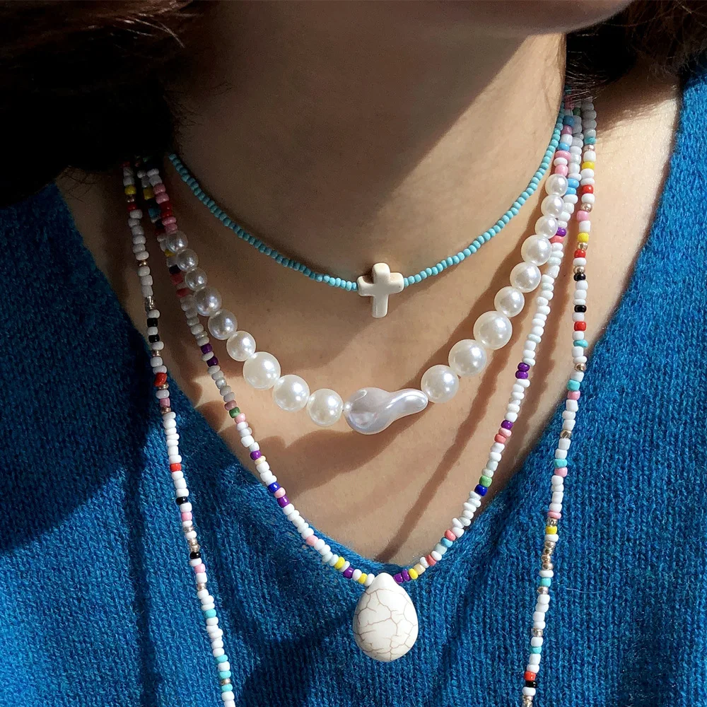 United States Holiday Women Jewelry Colorful Seed Beaded Choker Necklace Cross Female Retro Pearl Collar Jewelry Wholesale