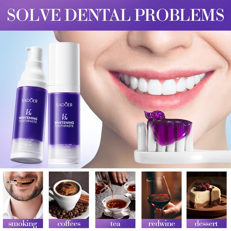 SADOER Private Label 28ml V34 Whitening toothpaste Color Corrector Deep cleaning teeth Coffee stain Oral care Mint toothpaste