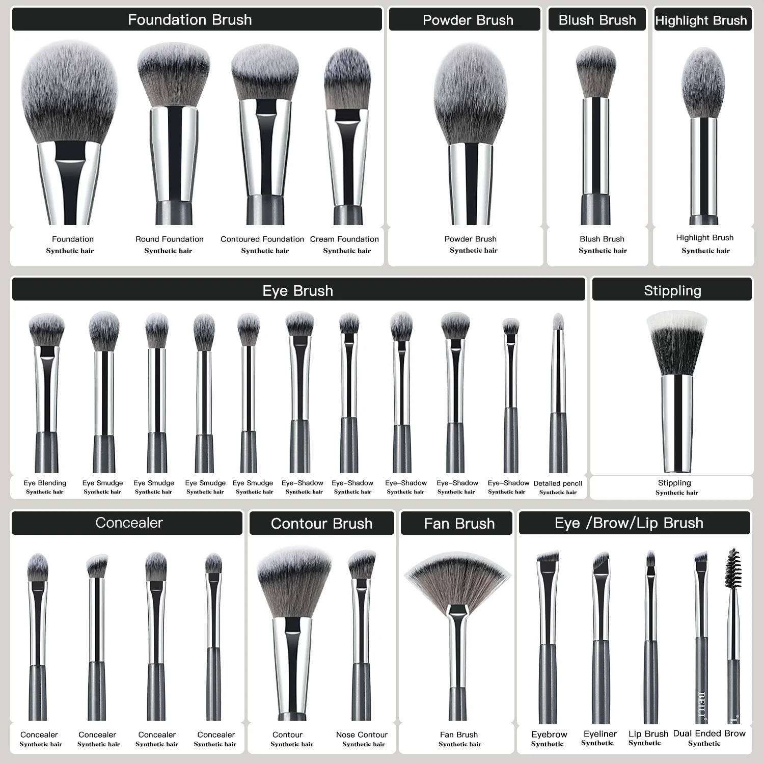 BEILI new design 2024 grey 30pieces make up brushes private label cosmetic tools Synthetic makeup brush set  for concealer