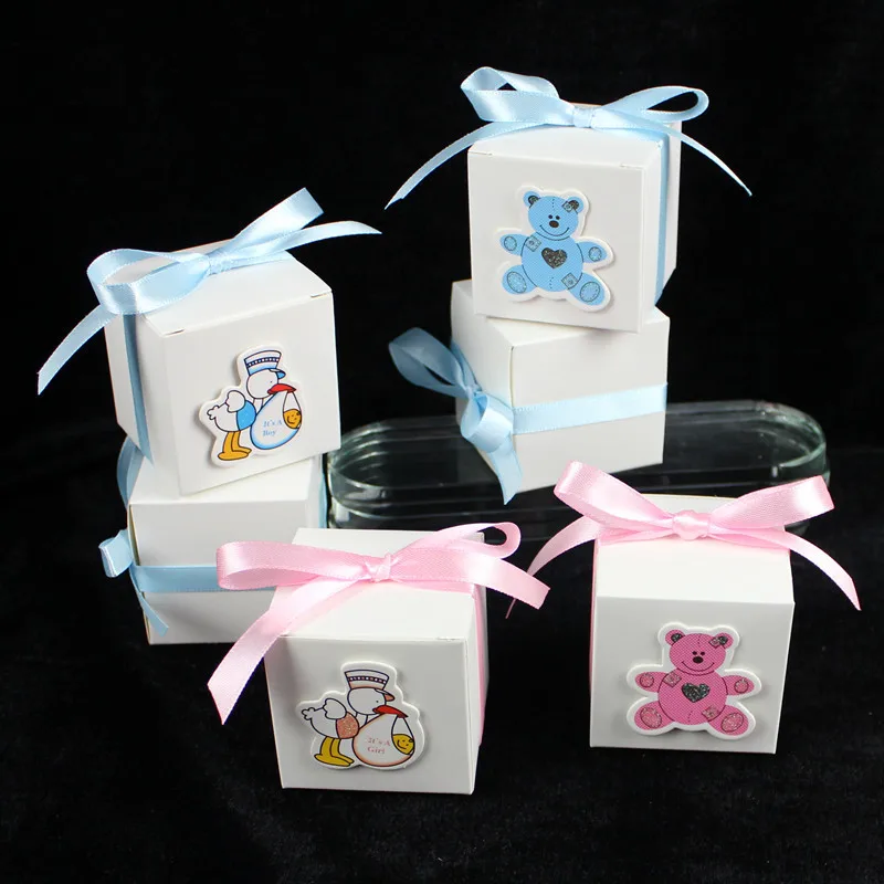 Blue Candy Boxes Angel Bear Gift Box Christening Wedding Decoration Table for Baby Shower Baptism Birthday First Communion Paper