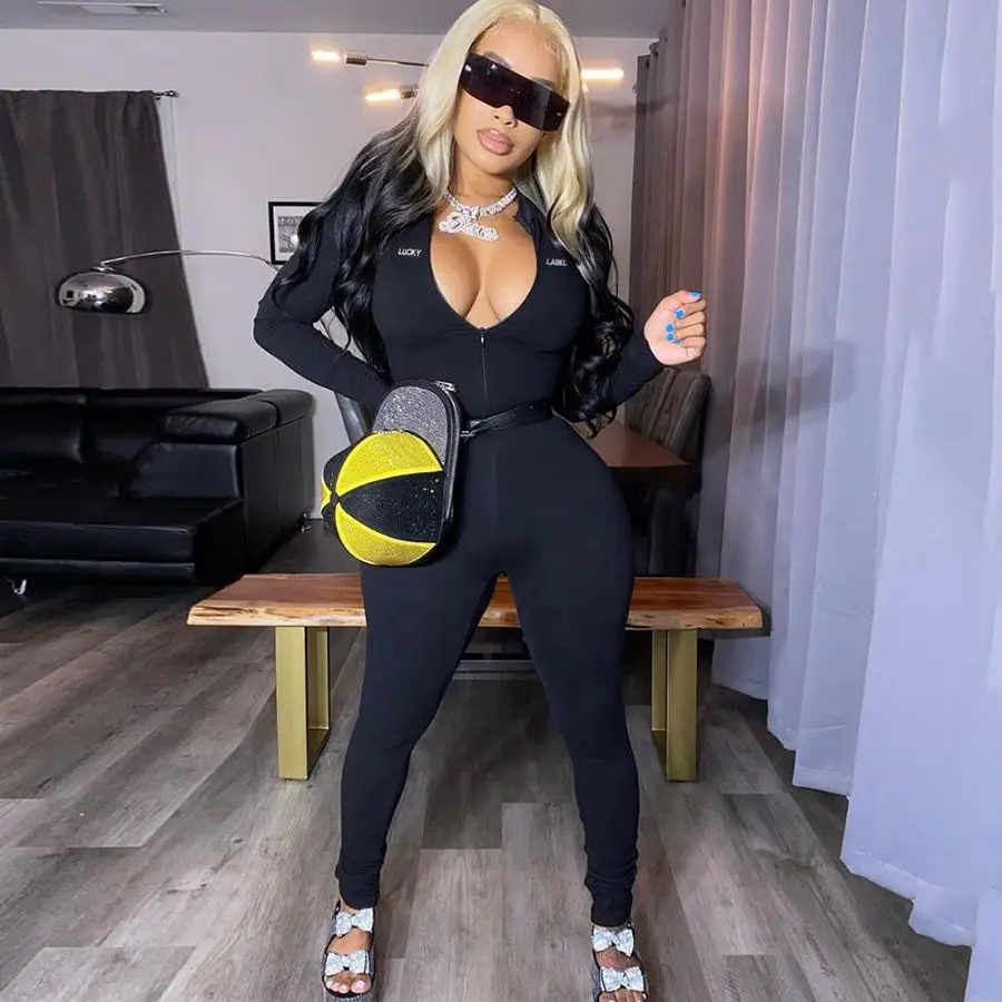 2021Embroidery Solid women one piece jumpsuits and rompers autumn Stacked Zipper lucky label jumpsuit