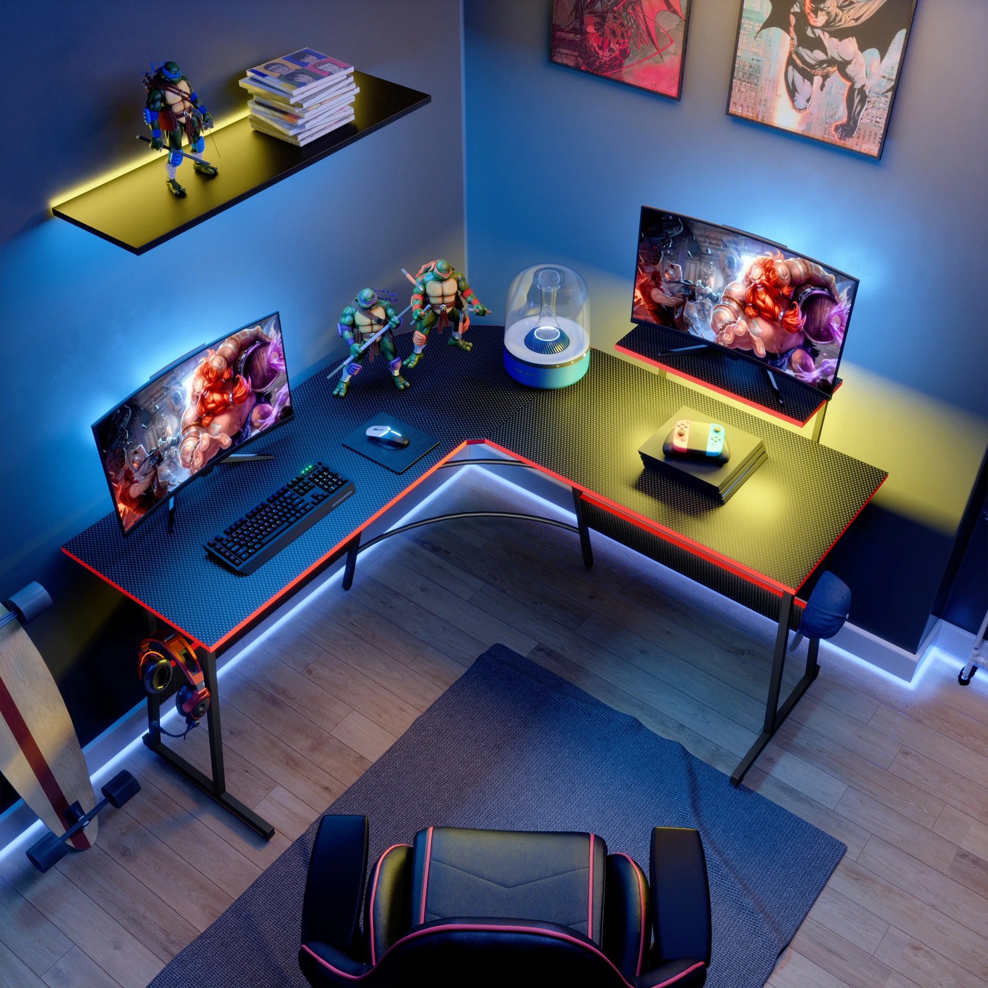 Hot Sales L shape Gaming desks New racing gaming table design PC gaming desk With RGB Light for E-sports