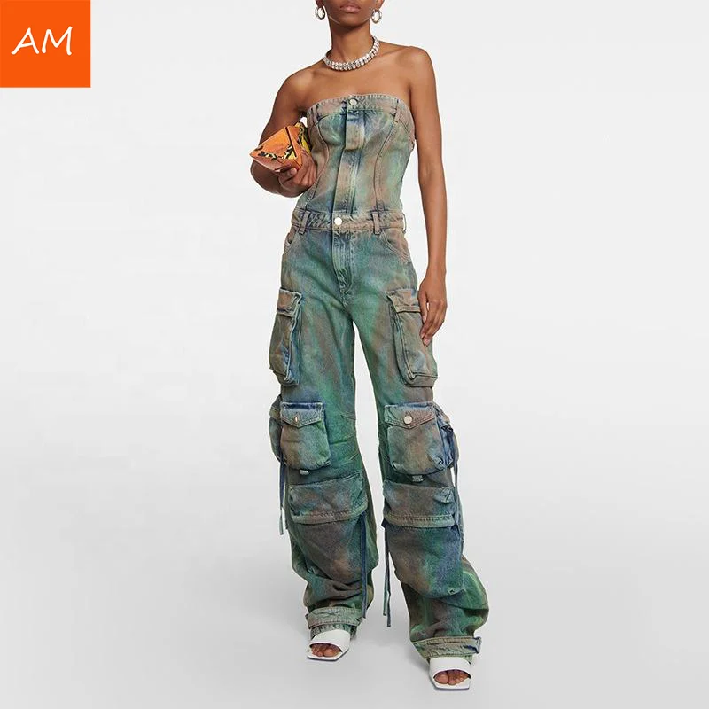2023 New Design Women Strapless Jean Rompers Cargo Style Jumpsuits Multi Pocket Denim Jumpsuits For Ladies