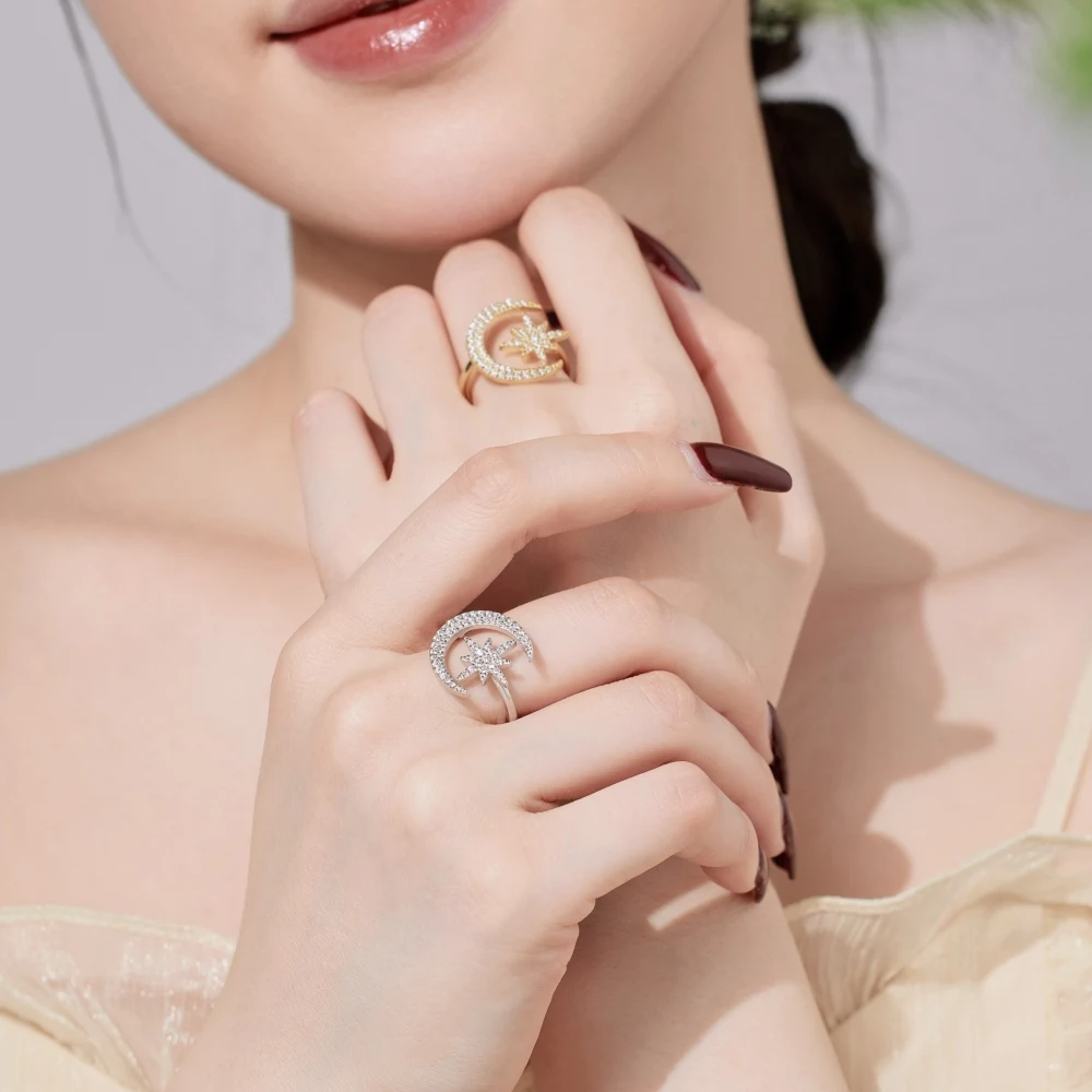 Dylam Trending Design Fashion Fine Jewelry Sterling Silver Gold Plated 5A Zirconia Universe Crescent Moon Star Octet Open Rings