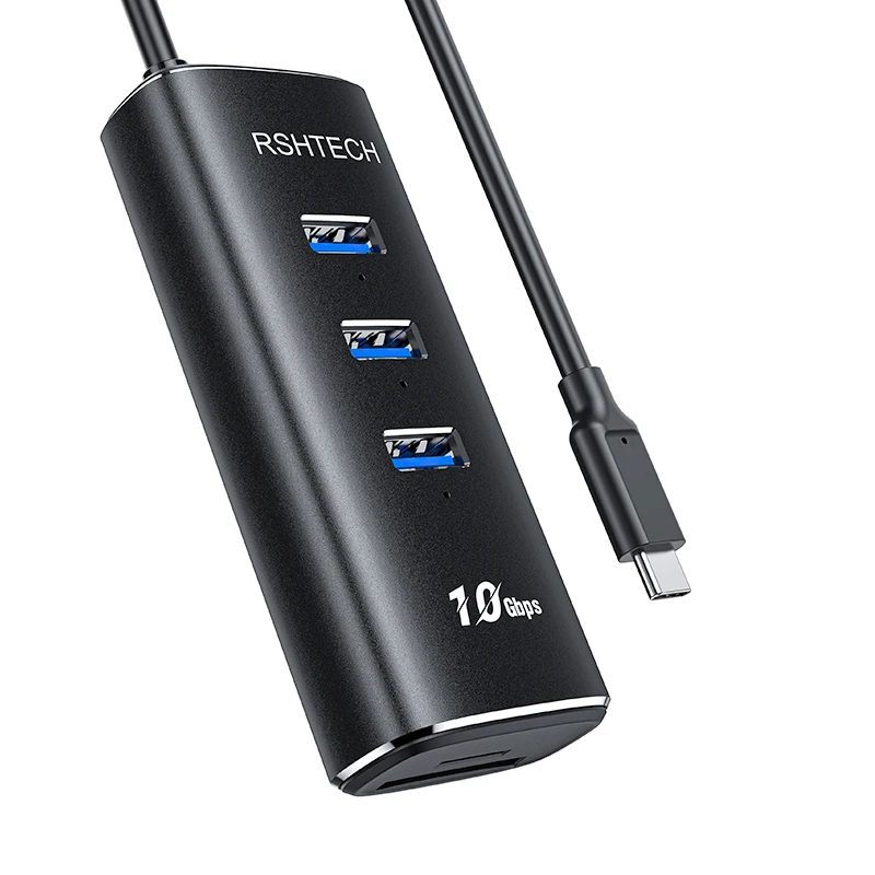 RSHTECH 5 in 1 USB C Hub with 10Gbps Data Ports SD/TF Card Reader 2ft Cable and Individual Switches Type C hub for PC