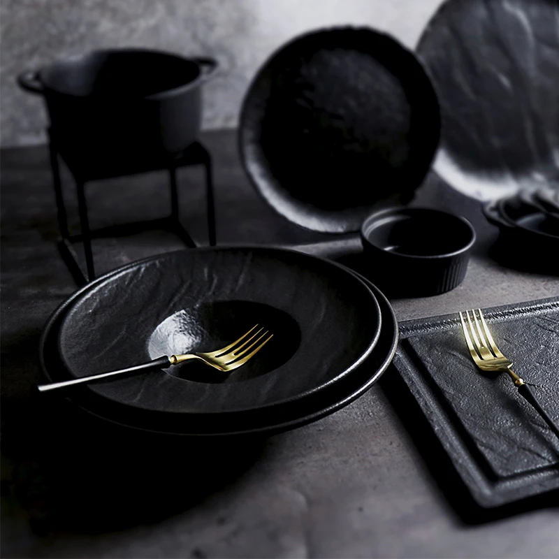 Matt Black Porcelain Dinner Plate Restaurant Hotel Deep Soup Plate Ceramic Pasta Plate for Dinnerware Dish Buffet