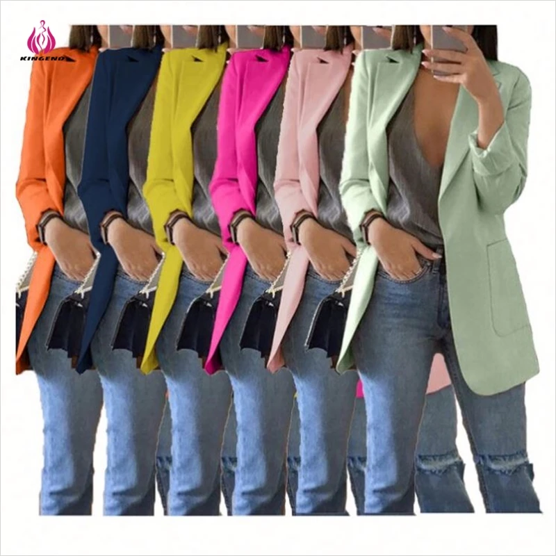 Ladies Open Front Long Sleeve Elegant Slim Womens Casual Blazers Femme Work Office Jacket 2021