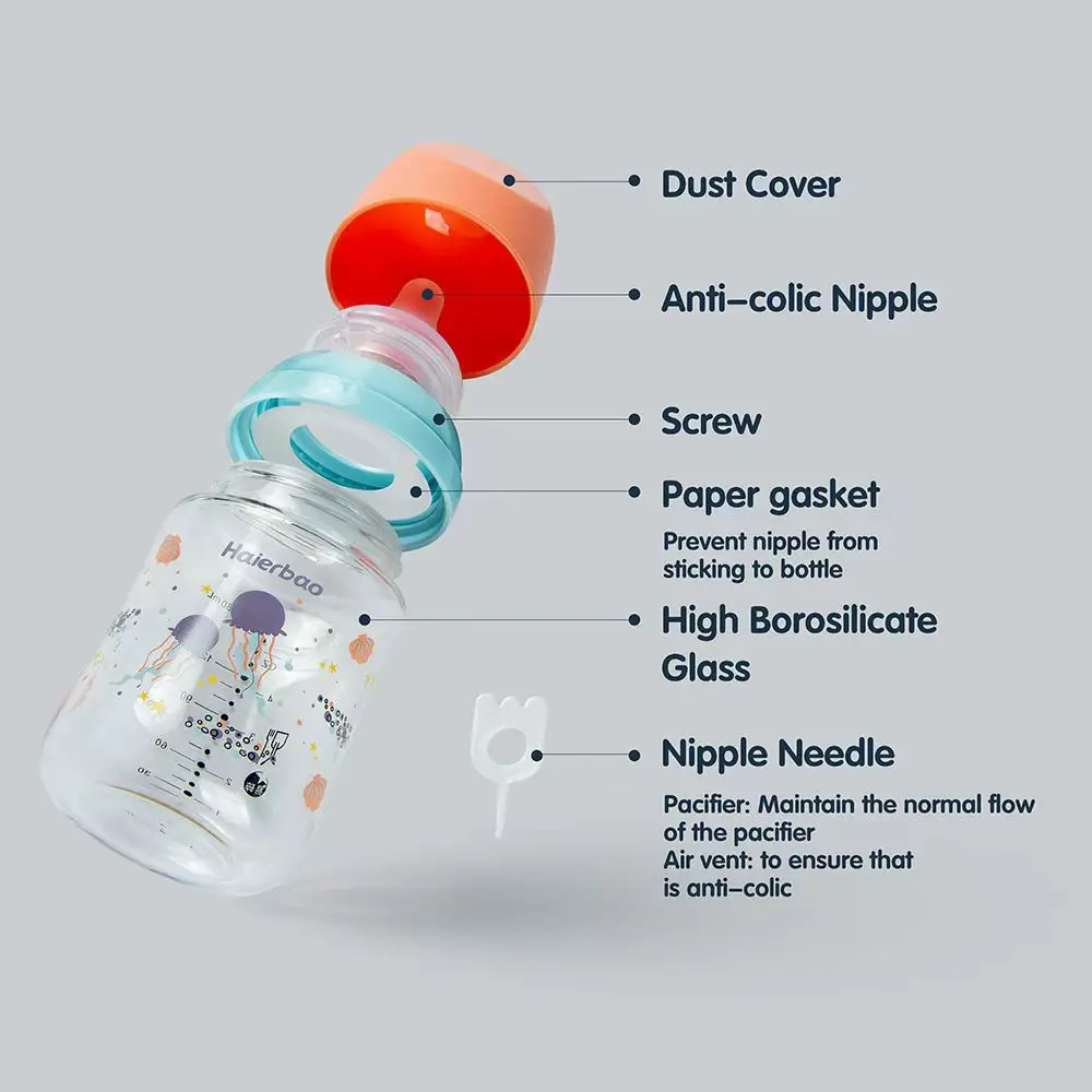 Stock High quality glass milk bottles wide mouth anti bloating newborn milk bottle breastfeeding glass bottle gift packaging set