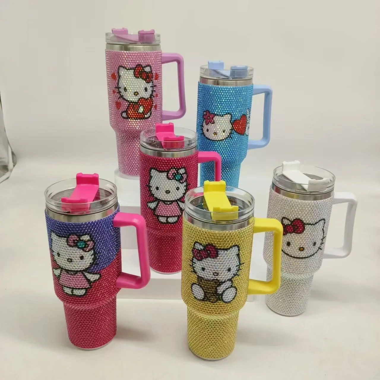 Botu Rhinestone Tumbler 40oz Handle Water Cups Creative Cartoon Kt Cat Diamond Crystal Tableware Portable Outdoor Water Cup