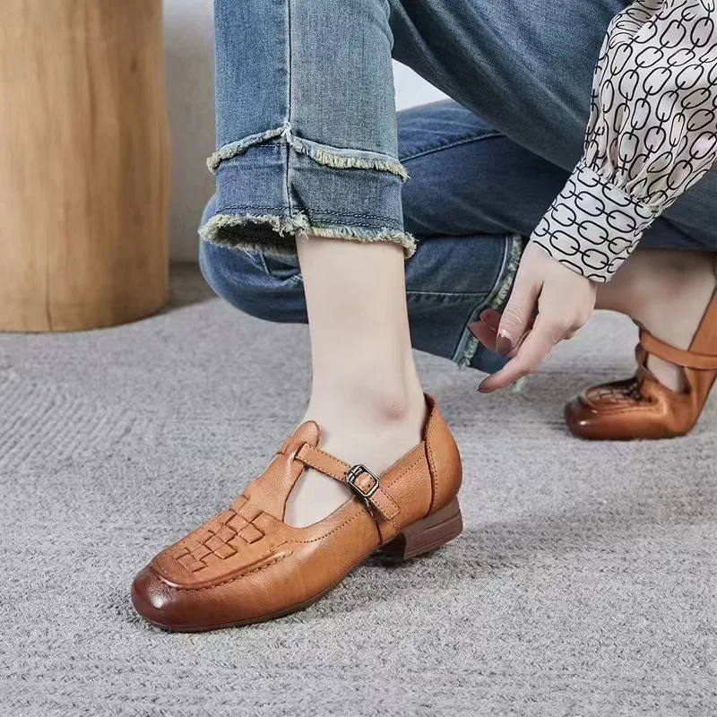 High quality  Genuine leather Handwoven design T-Strap Mary Jane women low heels office dress shoes casual shoes manufacturer