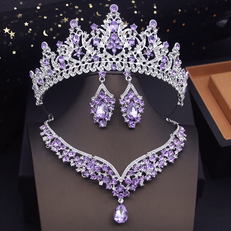 LUOXIN Wholesale 3 Set Crystal Royal Queen Bridal Crown Wedding Bridal Tiaras Necklace Earring Set