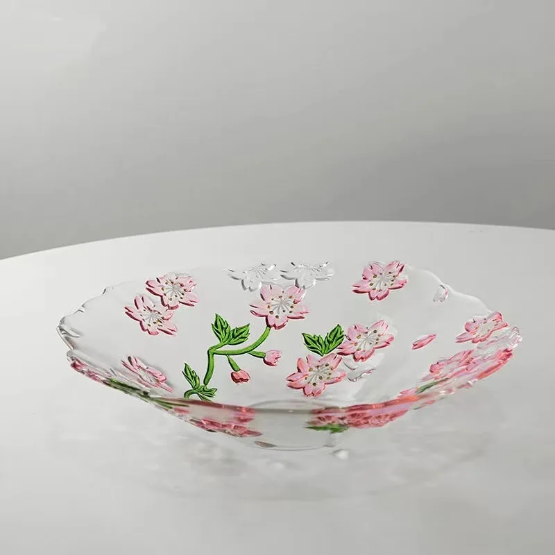 pink sakura flower living room home decorative table display charger crystal glass fruit bowl plate dish tray