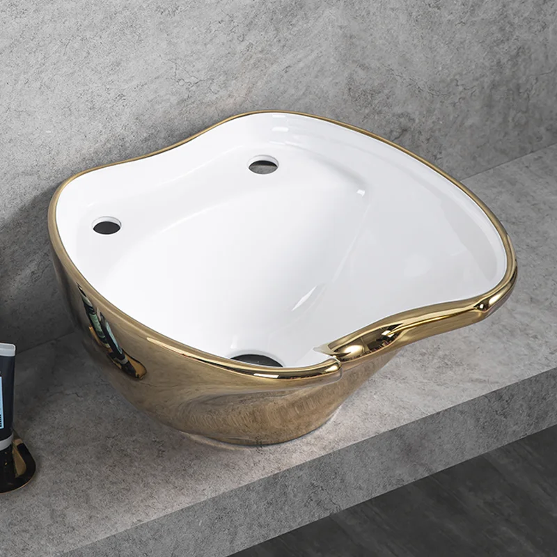 Wholesale Custom Hair Wash Basin Salon Shampoo Basin Golden Contemporary Ceramic Salon Furniture De Coiffure 539*553*272mm Cm *