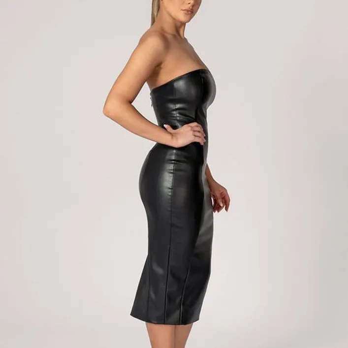 Women Fashion Fit Off Shoulder Sleeveless bodycon black leather tube dress