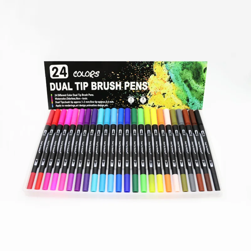 24 Colors Color Thin Markers Double Tip Brush Pen Set  Dual Tip Pen Set With Soft Double Point Touch Markers Fineliner Brush Pen