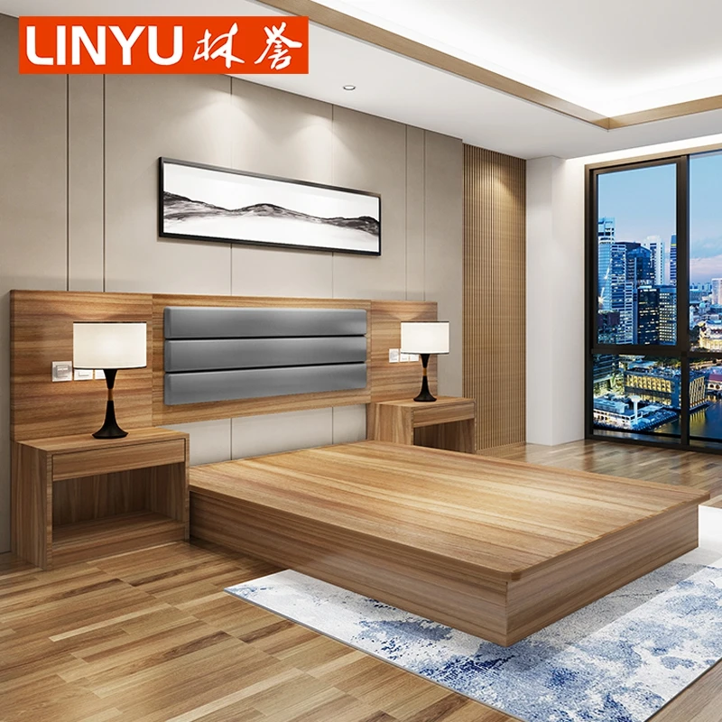 Foshan latest double king size hotel bedroom bed box bedstead headboard nightstand Wardrobe furniture sets