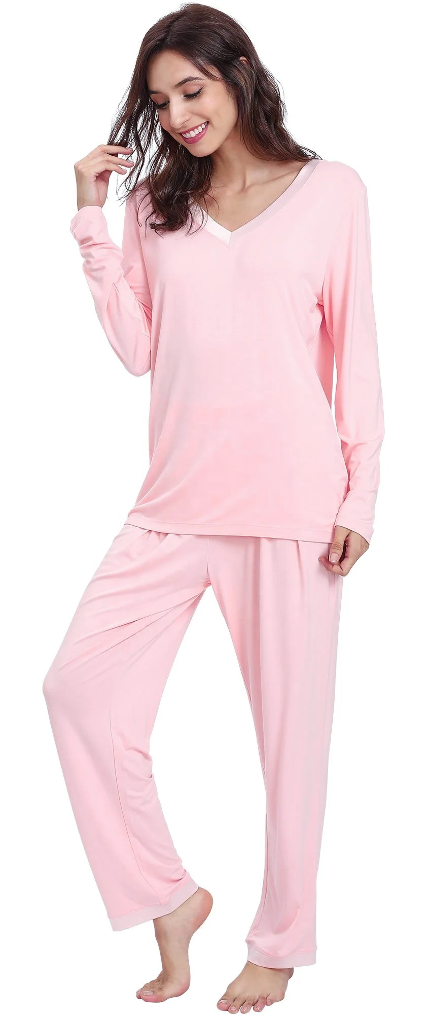 V Neck Soft Comfy Lounge Long Bamboo Sleepwear Pajamas Set