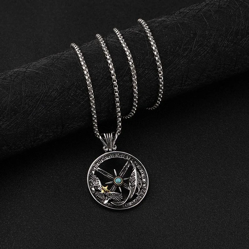 Feather Eagle Compass Necklace Personality Wispy Empty Necklace Pendant