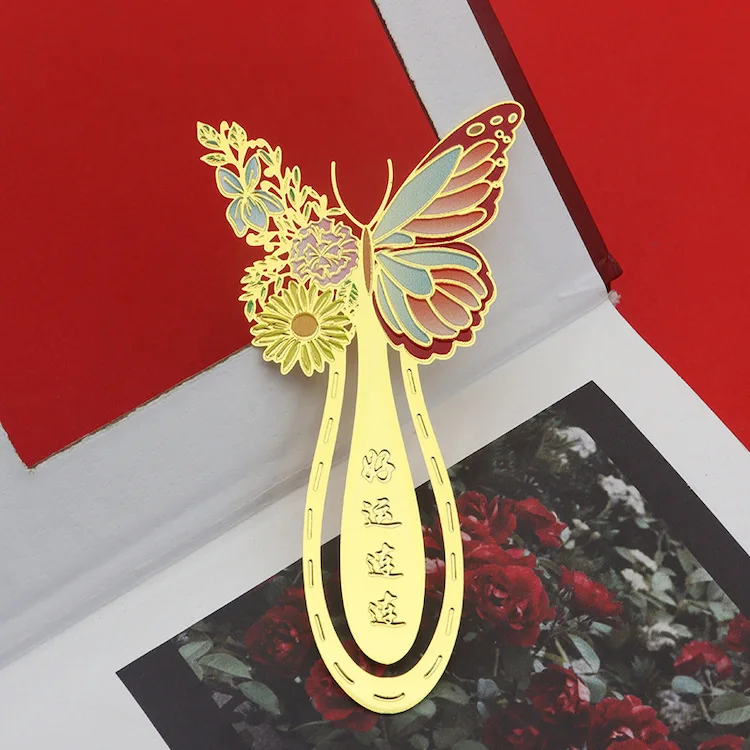 Custom Creative Handmade Etching Metal Butterfly Bookmark Clip High Quality Gold Plated Brass Flower Metal Bookmark