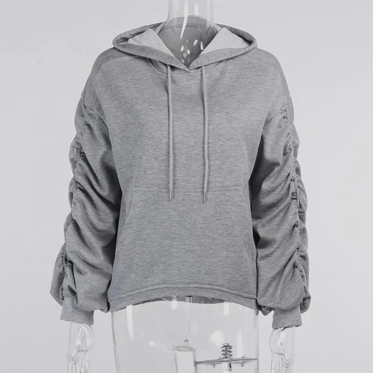 Hot Selling Autumn Solid Color Ruched Long Sleeve Women Pullover Sweatshirt Ladies Loose Blank Drawstring Hoodie With Pocket
