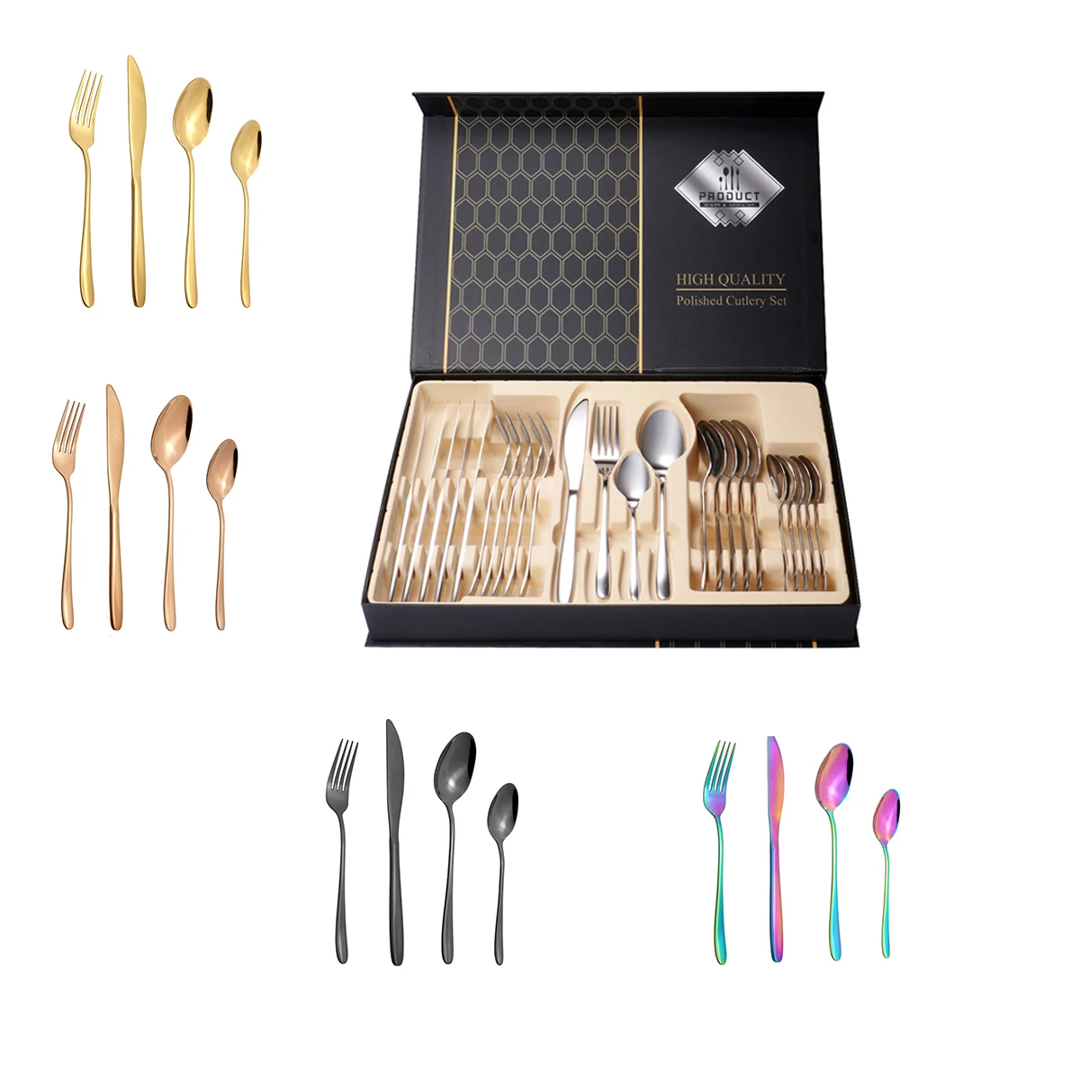 Wholesale Wedding Silverware Reusable Knife Spoon Fork Luxury Stainless Steel Flatware Gold Cutlery Set 24pcs With Gift Box