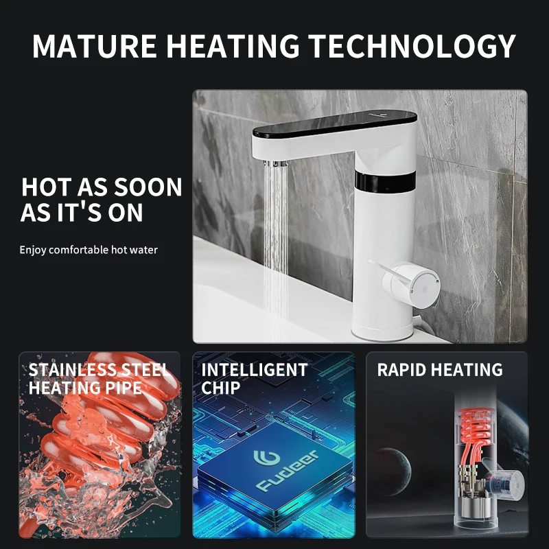 Fudeer 3000W Electric Water Heater Kitchen Faucet Tankless Water Heater Tap Flowing Electric Faucet Shower Temperature Display