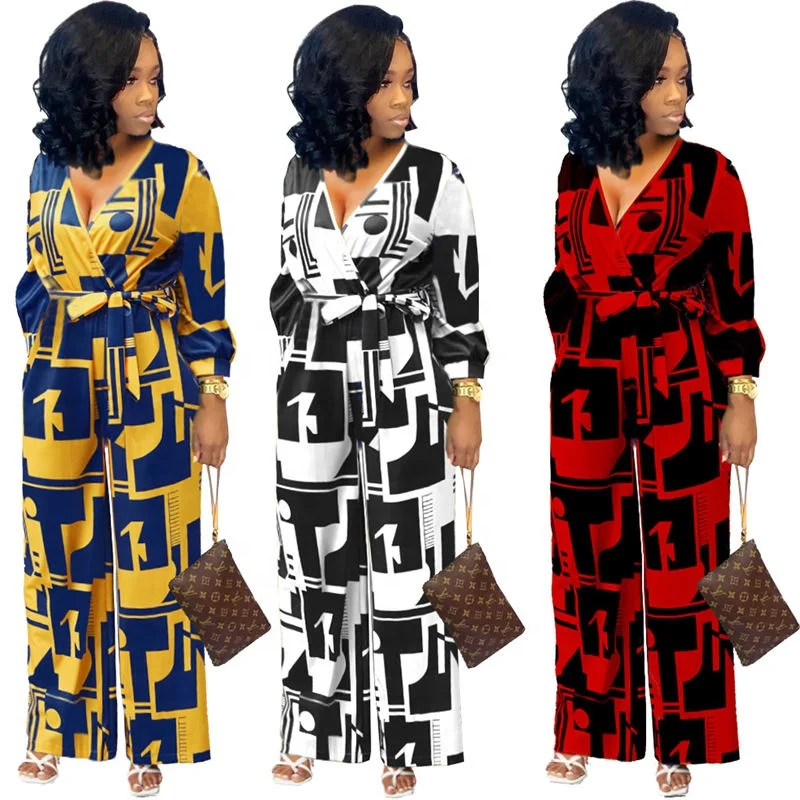 Jumpsuit Dresses Pattern Jumpsuit Casual Wide Leg Pants Elegant Jumpsuit Print V Neck High Waist Geometric for Women African