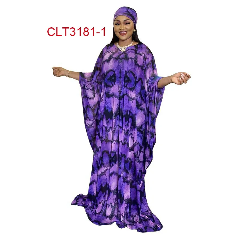 Chiffon digital printing loose plus size women kaftans African European fashion dress with turban and inner