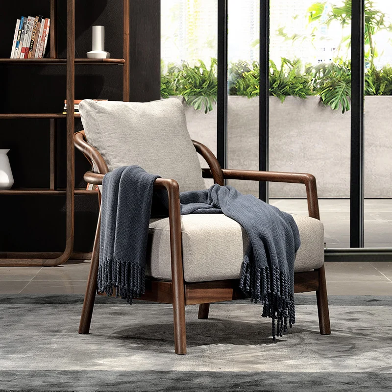 Modern Living Room Chairs Wood Fabric Leisure Chair 1 Piece Nordic Bedroom Chair Wabi-sabi with Armrest Simply Walnut Solid