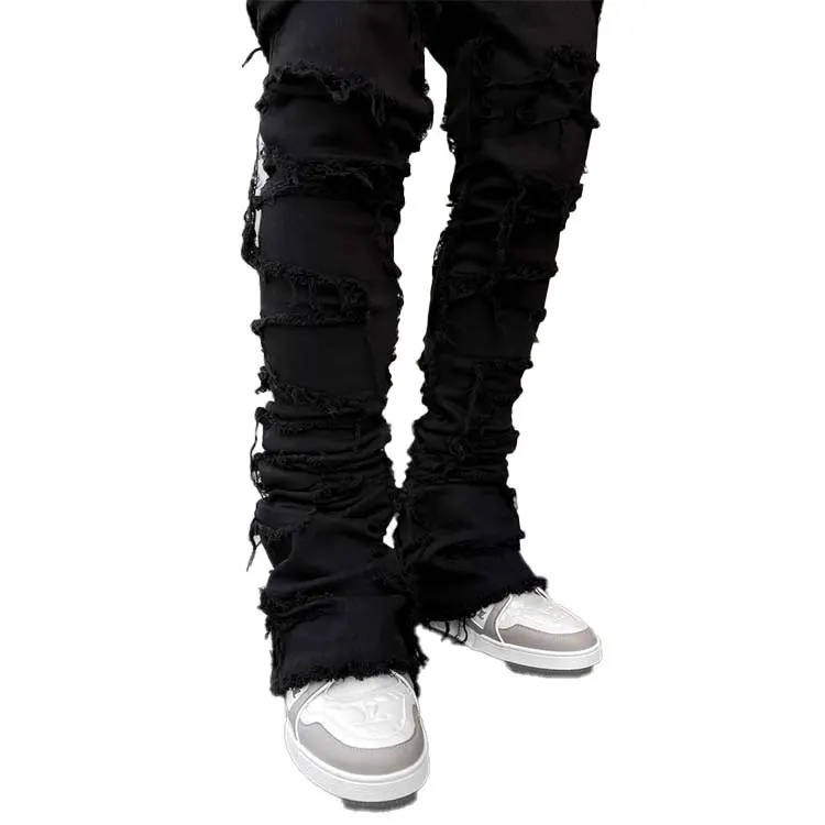 Hip hop Popular Sale Wholesale Black Custom True Relgion Denim Stacked Jeans For Men