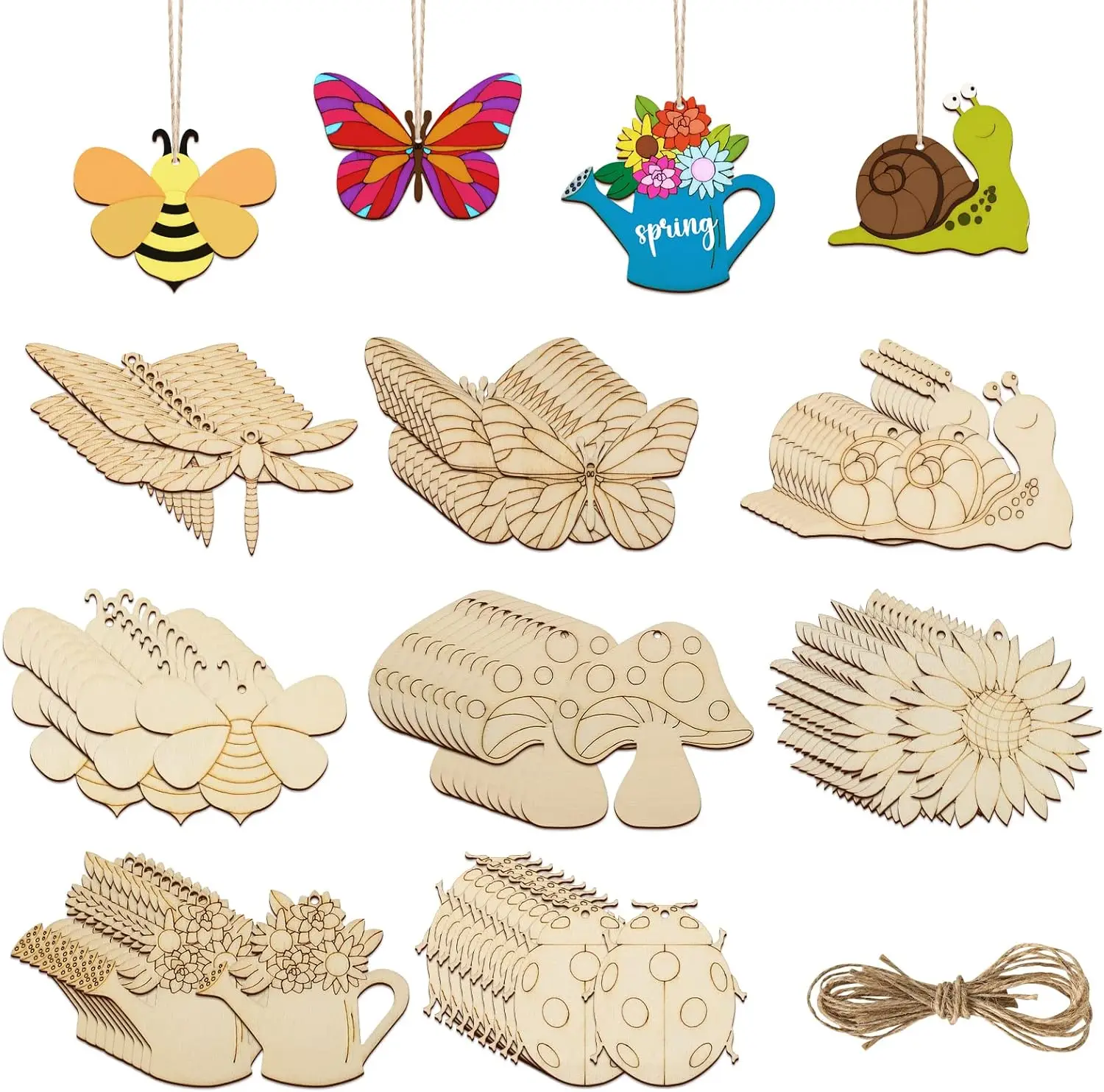 80PCS Wooden Spring Ornaments to Paint DIY Blank Unfinished Wood Cutouts Ornament for Home Crafts Hanging Decorations