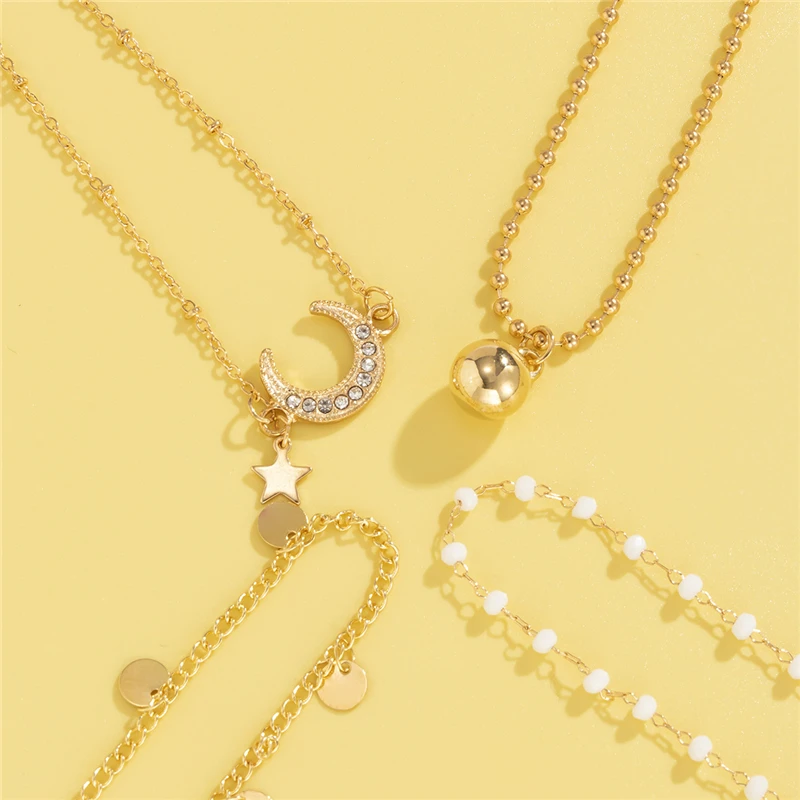New Fashion Jewelry Set Layered Seed Beaded Bracelet Gold Chain Moon And Star Charm