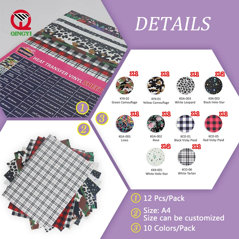 In stock hot sale 12 sheets pack A4 White Holographic star pu htv iron on vinyl pattern Heat Transfer Vinyl for Textile T-shirt