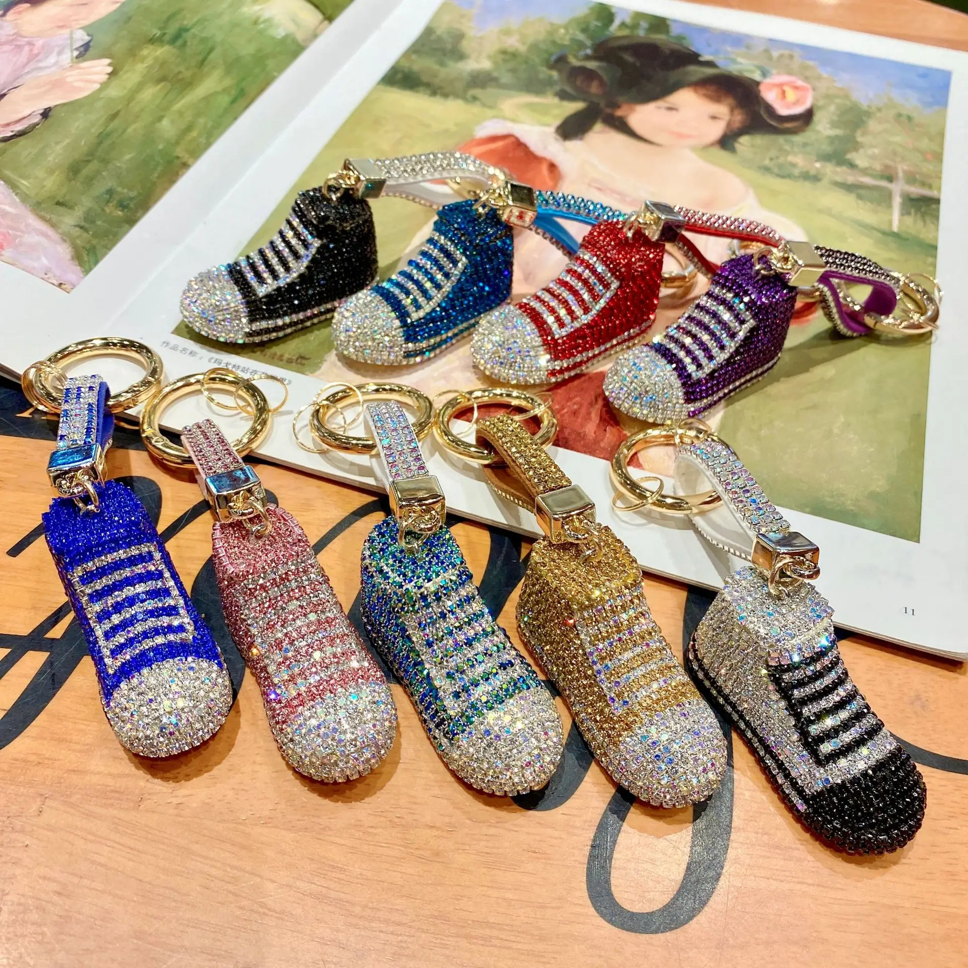 Fashion canvas shoes car key ring cute rhinestone bag pendant sparling bling sneaker keychain