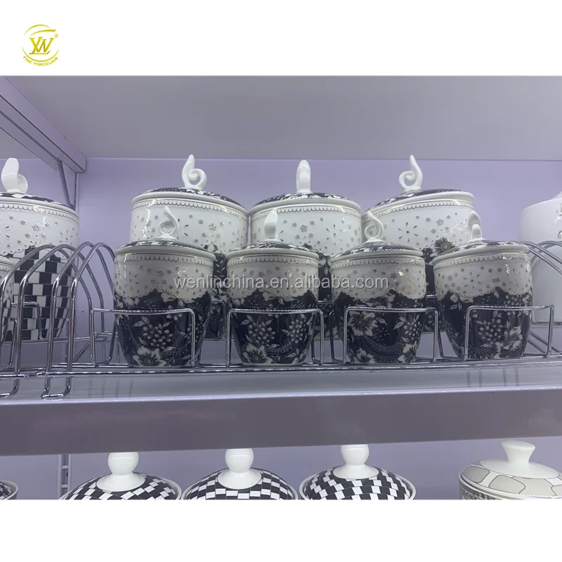 
Unique design kitchen used 7 pcs porcelain spice jar salt condiment canister set sugar pot with metal stand 