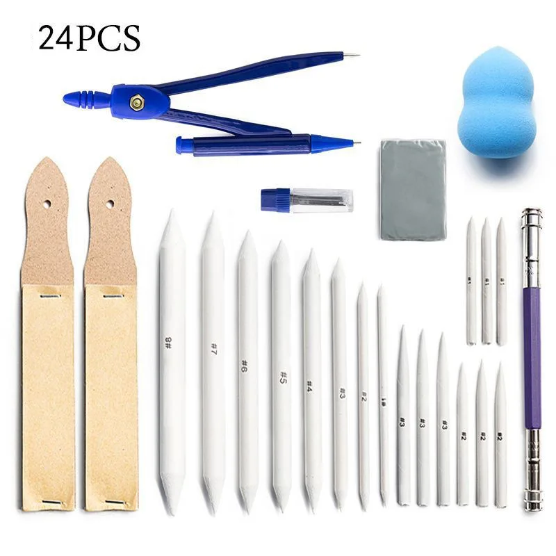 Sketch paper eraser pen 24-piece set Compass refill Sand cardboard extender Plastic eraser Painting tool