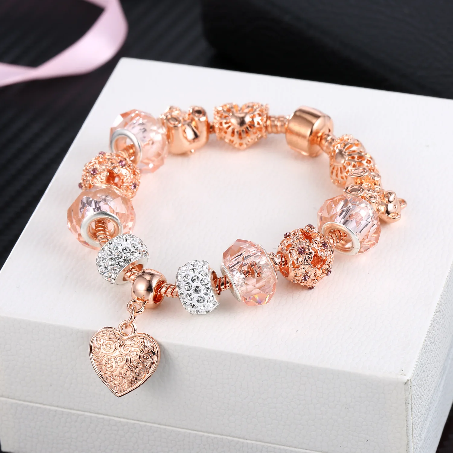  Exquisite Design Austrian Crystal Beads Bracelets Rose Gold Plated Heart Charm For Women