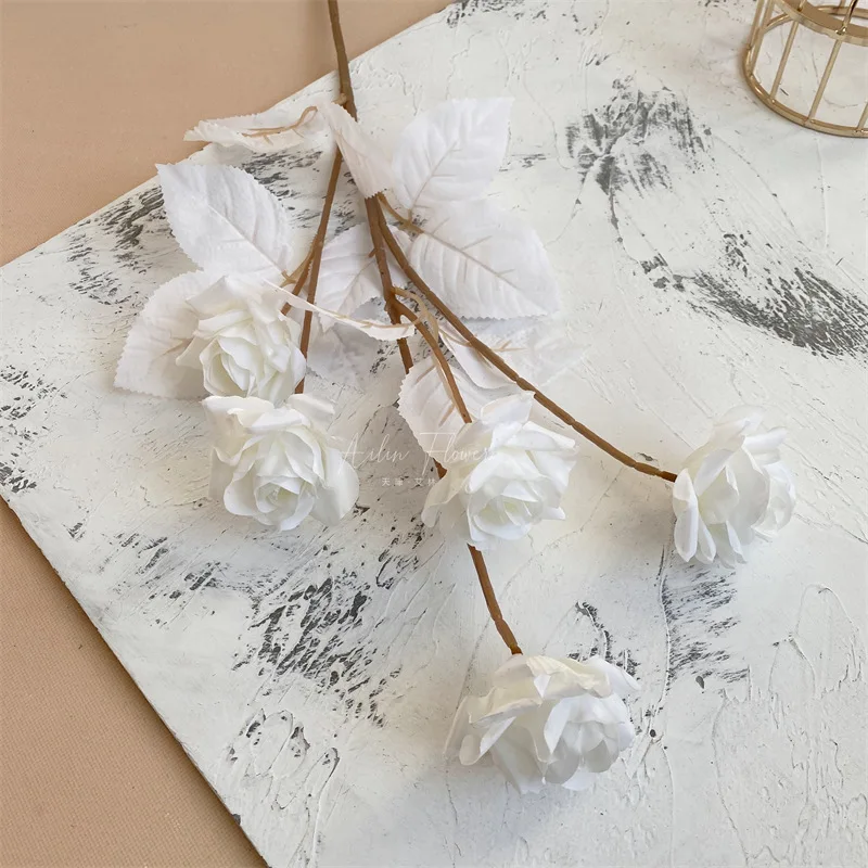 D-SR001 white rose cheap long stem 5 heads silk roses  artificial flowers for wedding home decor flower arch