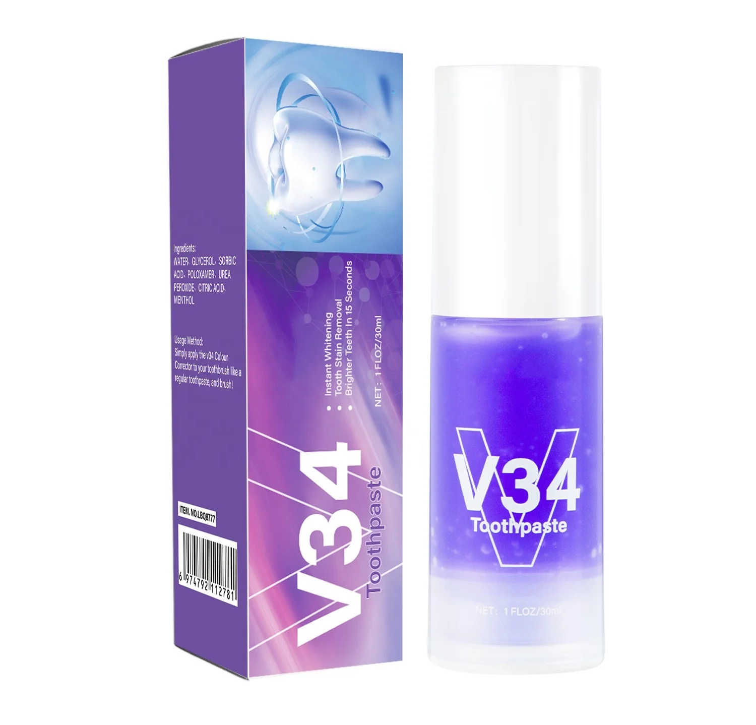 v34 Toothpaste Purple toothpaste Tooth color correction Remove smoke remove smoke stains Teeth whitening toothpaste