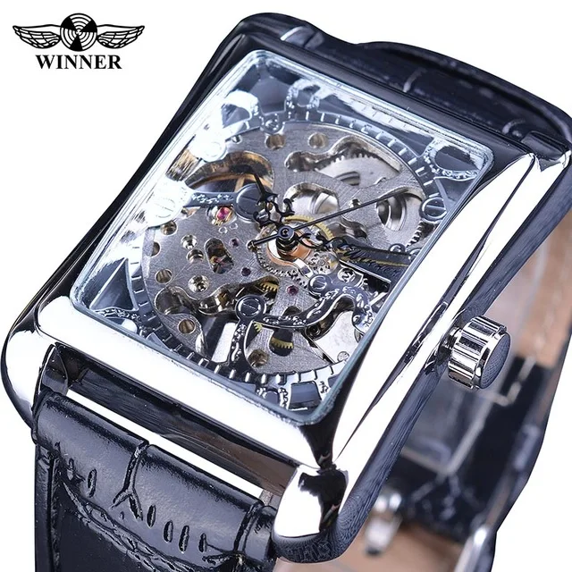 OEM/ODM Winner Watch Retro Casual Series Rectangle Dial Design Golden Pattern Hollow Skeleton Men Top Brand Luxury Mechanical