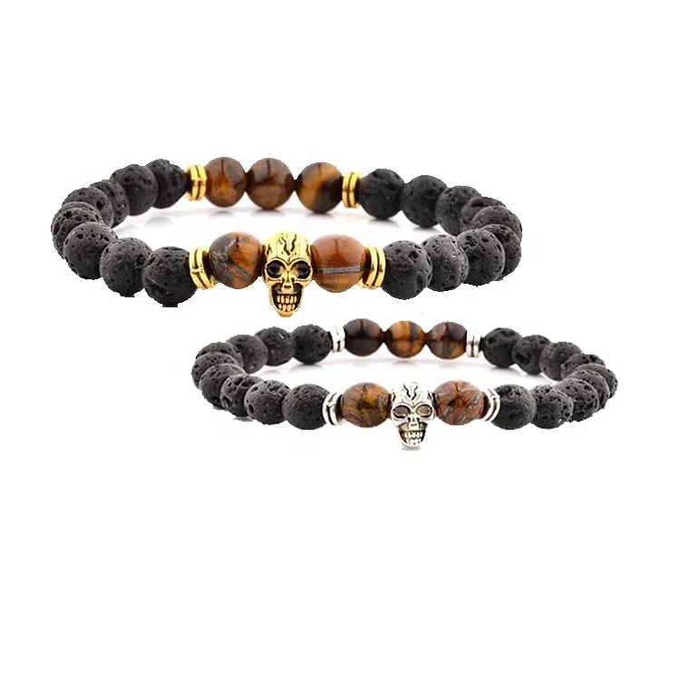 2020 Trendy Black Fashion Panther Head Black Agate Nature Onyx Beads Bracelet for Men