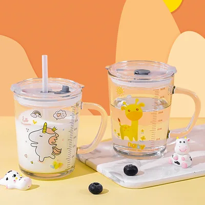 Cute Breakfast Milk Powder Cup With Scale Cartoon Glass Mug With Lid Handle Measuring Pipette Kid Milk Cup Microwaveab
