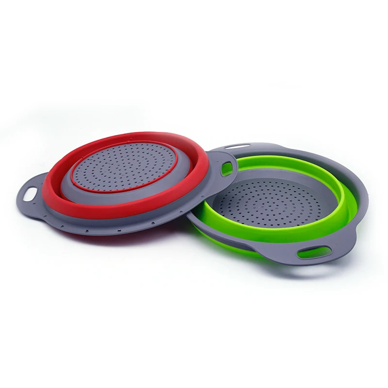 Hot sale 2 size kitchen strainer foldable wash colander round silicone vegetable drain basket