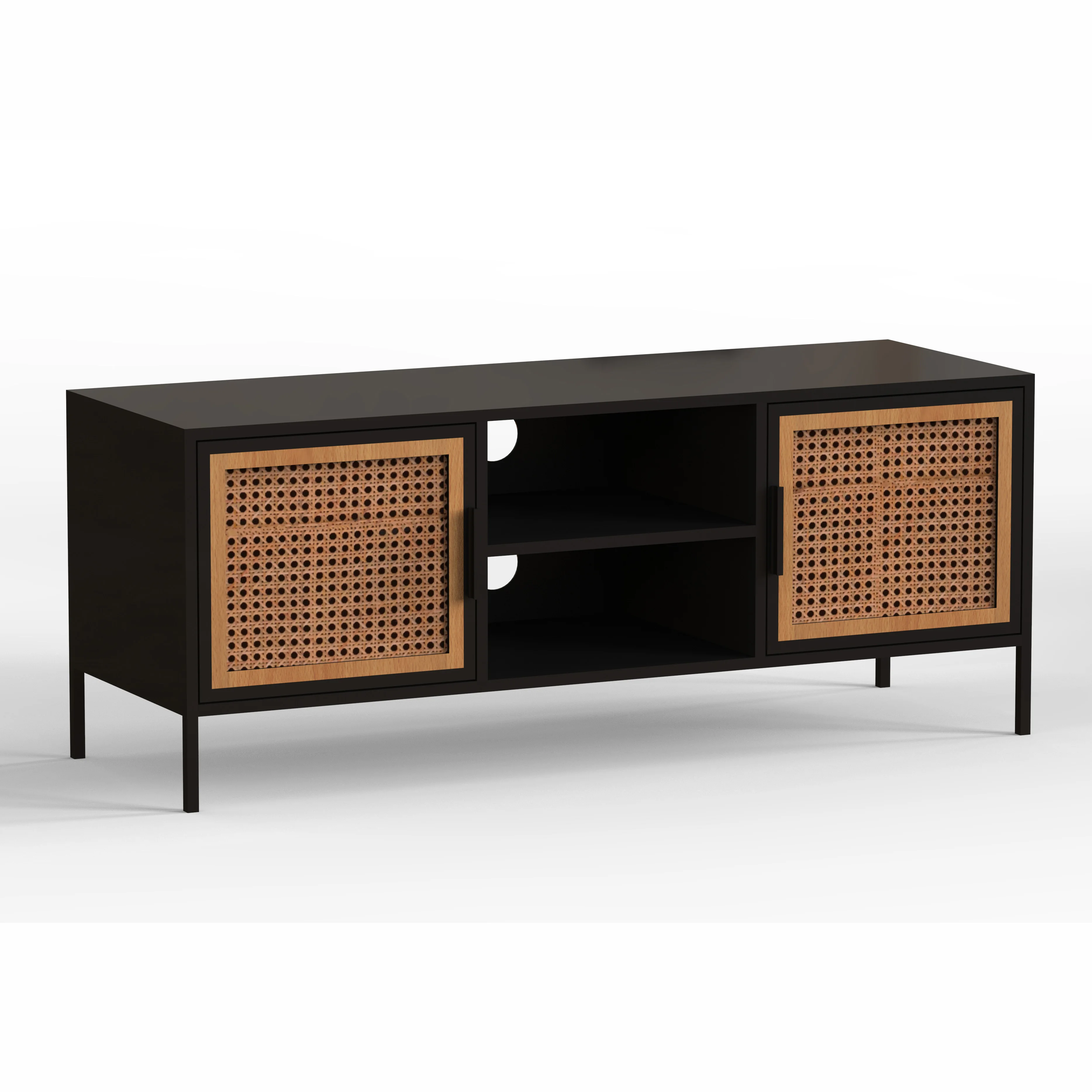 classic living room wooden furniture black console table with 2 rattan drawers