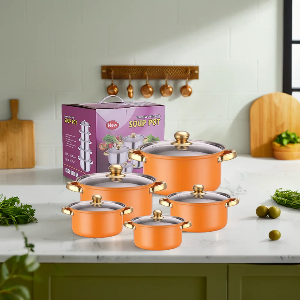 Factory Direct Stainless Steel Non-Stick Soup/Stew Pot Set with Gold-Plated Handle Kitchen Cookware Set/Cookware Set