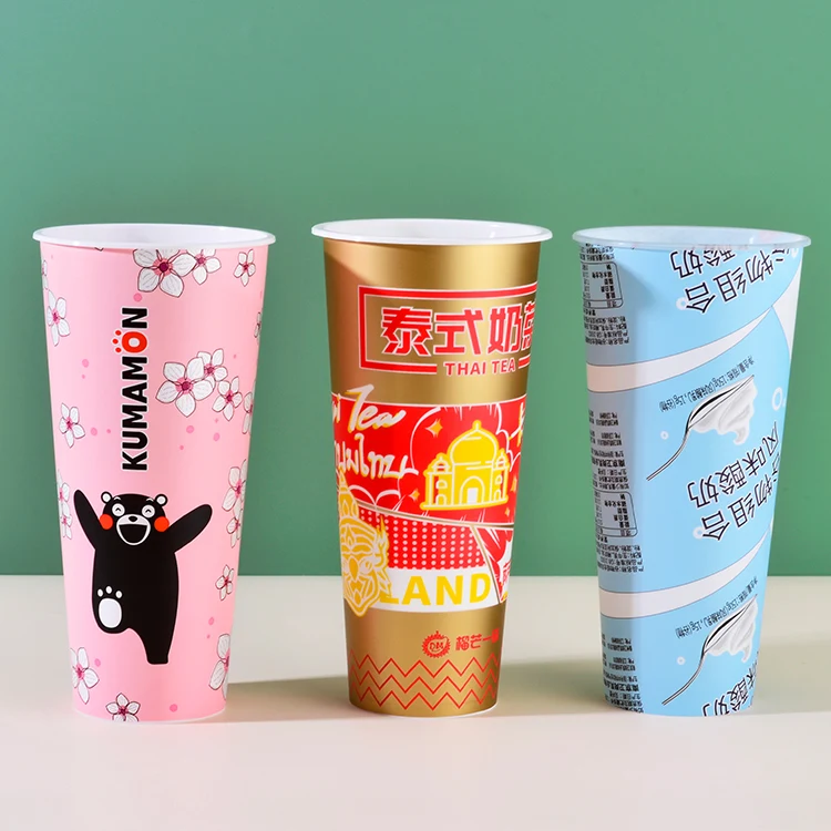 Yuehongkai Plastic Disposable Custom Printed Iml Packaging Round Boba Tea Cup Iml Drinking Containers With Lid