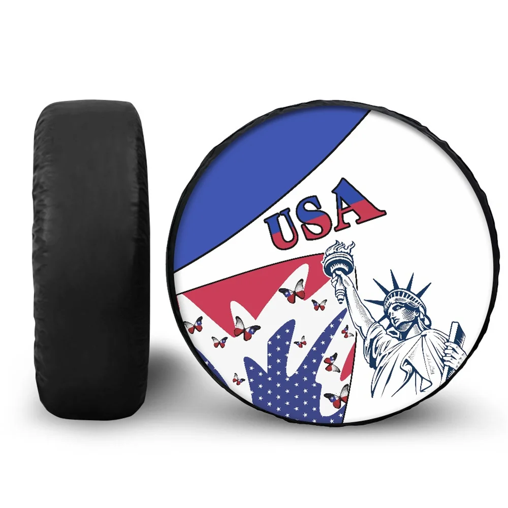 Print On Demand Blue Red Stars Pattern I Love America USA Flag Tire Cover Custom Auto Parts Wheel Cover Tire Center Cover Round